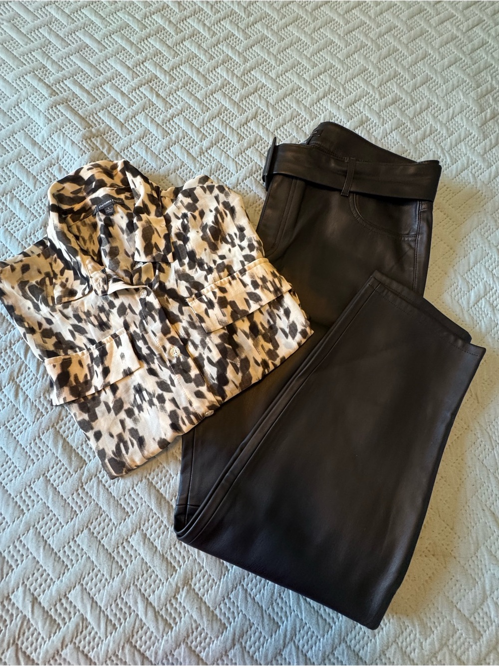 Bundle of Women's Black Faux Leather Pants and chic blouse